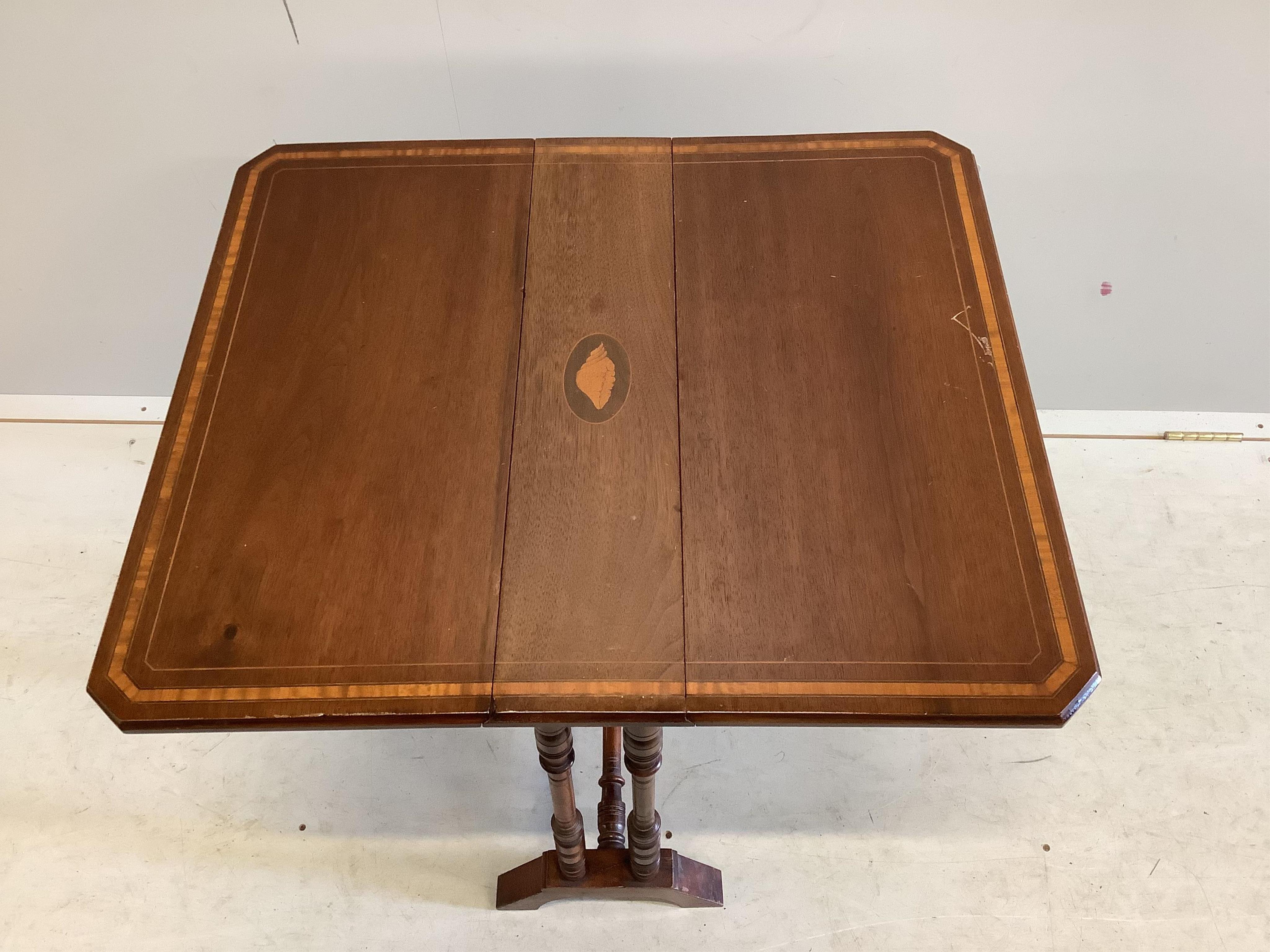 A late Victorian satinwood banded mahogany Sutherland table, width 61cm, depth 16cm, height 63cm. Condition - fair